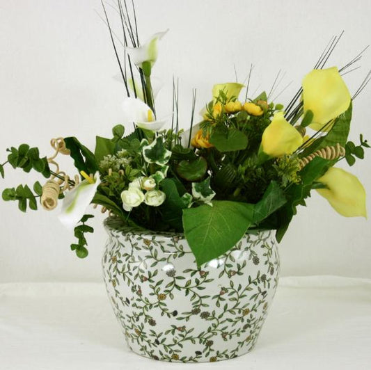 Ceramic Planter Vintage Green & White Floral Design