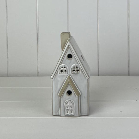 Glazed Ceramic House Ornament with Textured Detail and LED
