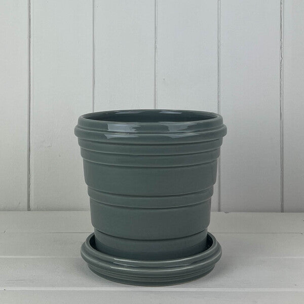 Grey Ribbed Ceramic Pot and Saucer