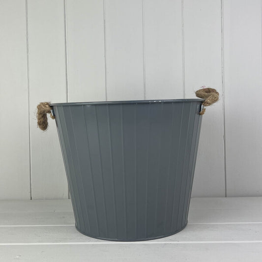 Cool Grey Round Tapered Zinc Planter with Rope ears and Drainage Hole