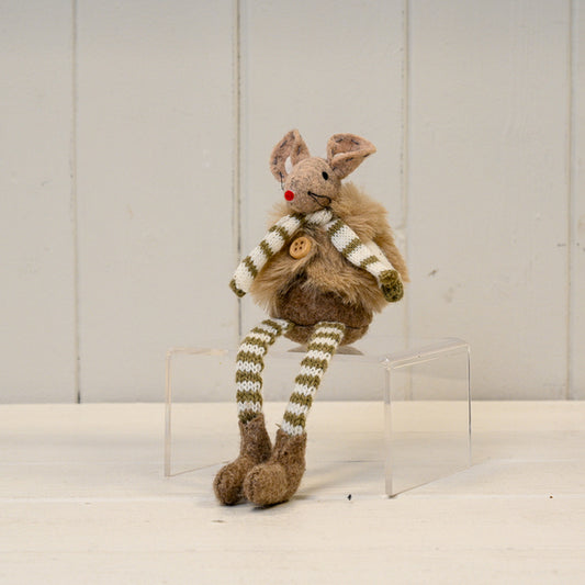 Taupe Fabric Mouse with Stripey Legs and Furry Gilet