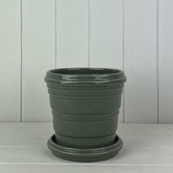 Sage Ribbed Ceramic Pot and Saucer TD15cm