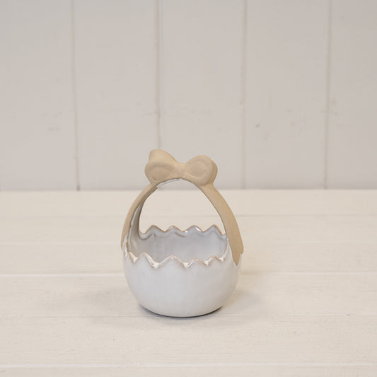 Ceramic Easter Egg Basket White Glazed with Unglazed Bow Handle