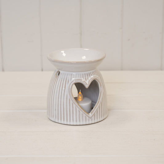 Natural Ceramic Oil Burner With Cut Out Heart Detail 10.1cm x 10cm x 10.2cm