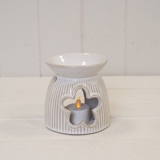 Natural Ceramic Oil Burner With Cut Out Flower Detail 10.1cm x 10cm x 10.2cm