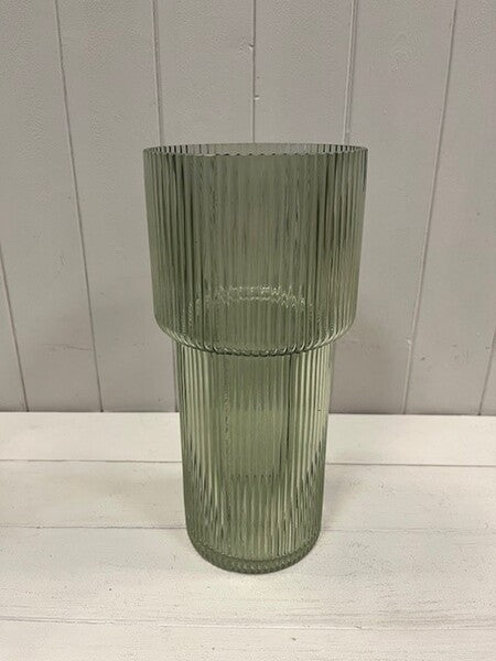 Vintage green Tall Glass Ribbed Vase