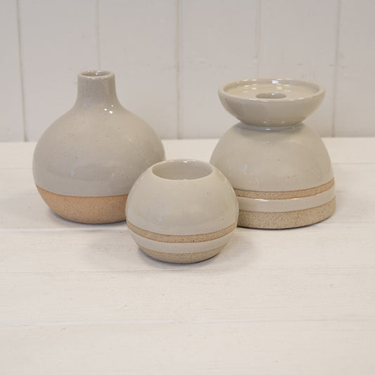 Taupe Glazed Candle Holder with Unglazed Design