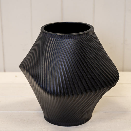 Short Graphite Sculptural Ribbed Vase.