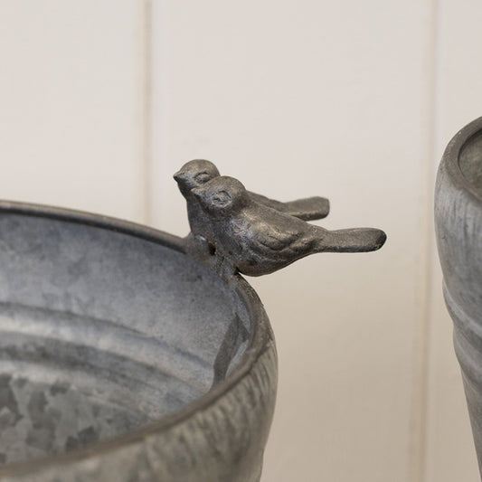 Set of Three Dark Round Planters with Bird