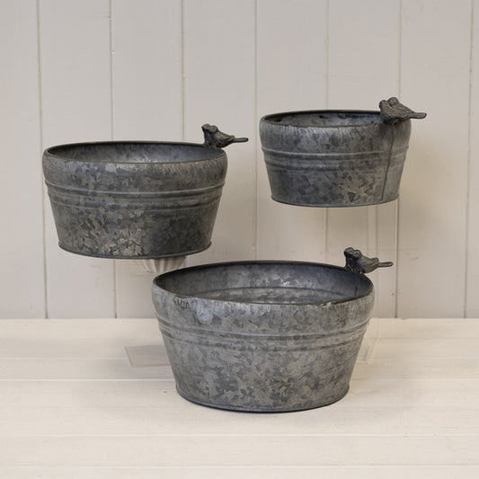 Set of Three Dark Round Planters with Bird