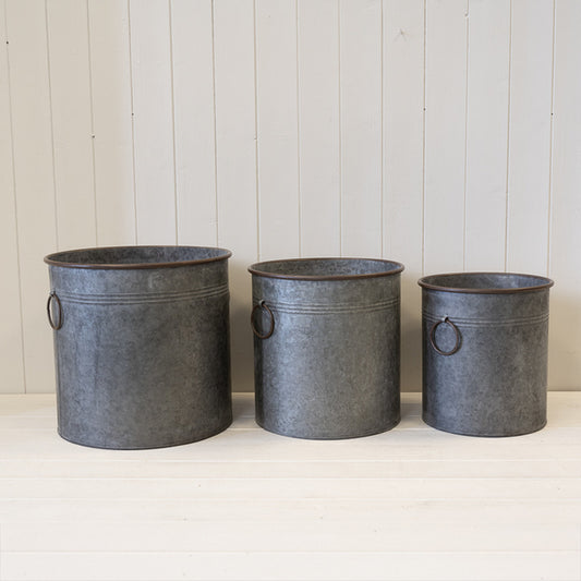 Set of Three Round Zinc Planters. S TD25 M TD30 L TD35