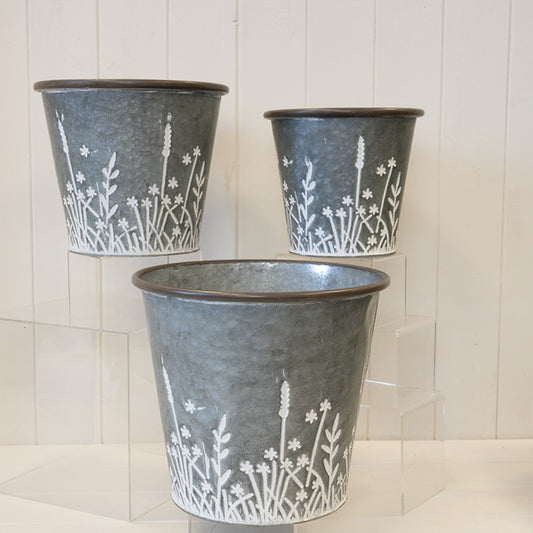 Set of Three Rustic metal planters with Meadow design