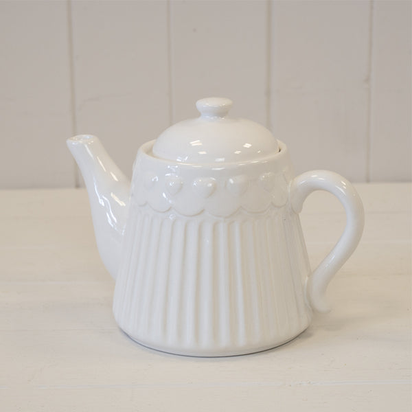 White Ribbed Ceramic Teapot with Heart Pattern