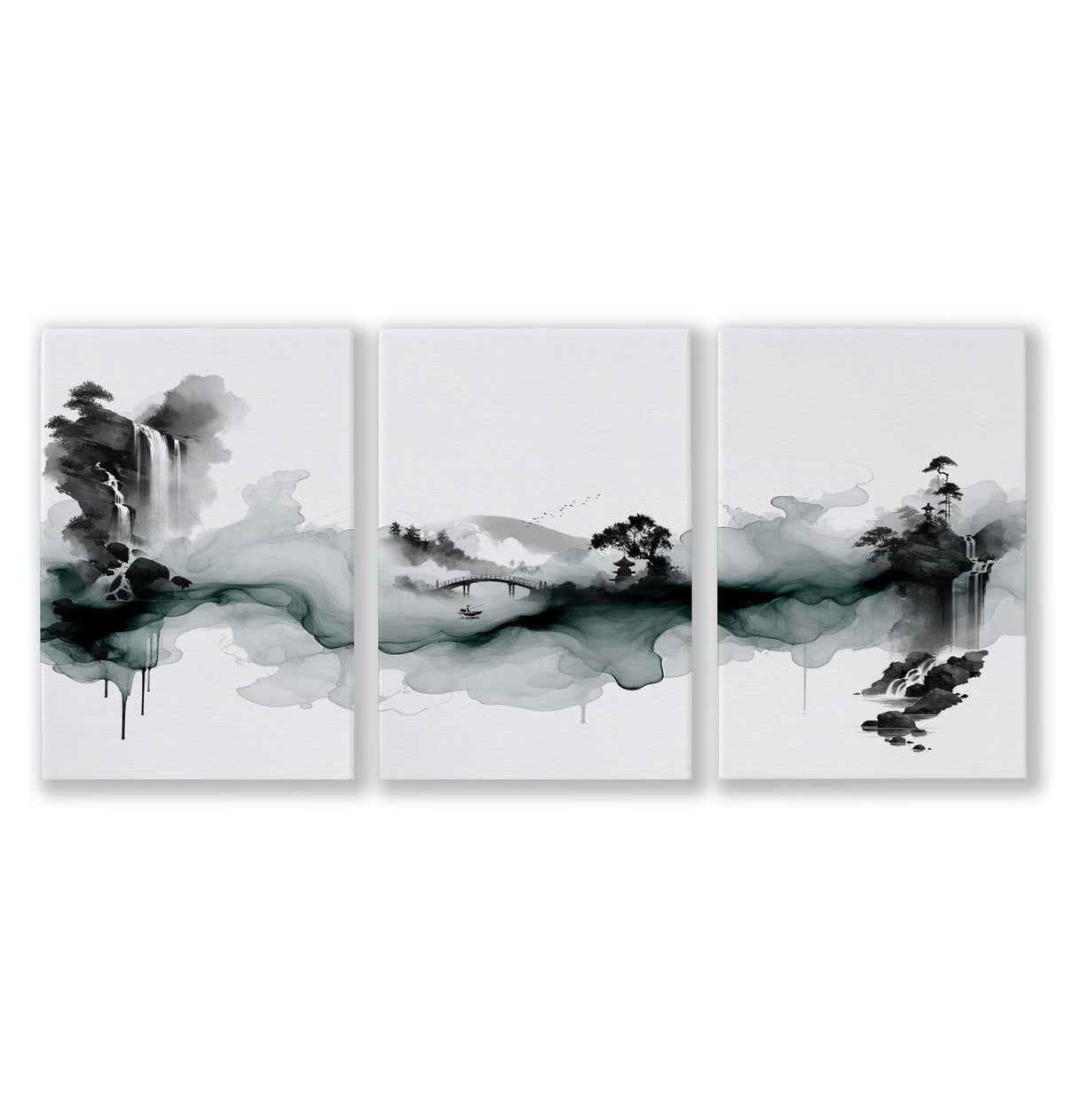 Paintings Abstract Art Landscape Japanese Ink Wash Dark Green & Black Wall Art Prints | Set of 3