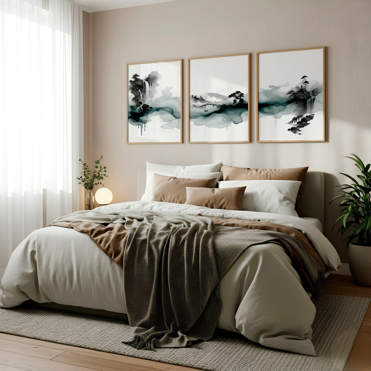 Paintings Abstract Art Landscape Japanese Ink Wash Dark Green & Black Wall Art Prints | Set of 3