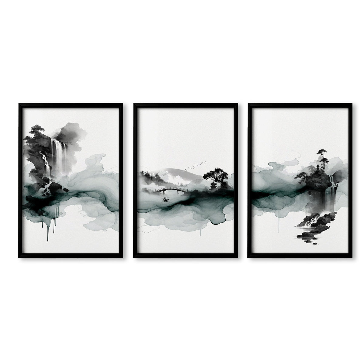 Paintings Abstract Art Landscape Japanese Ink Wash Dark Green & Black Wall Art Prints | Set of 3