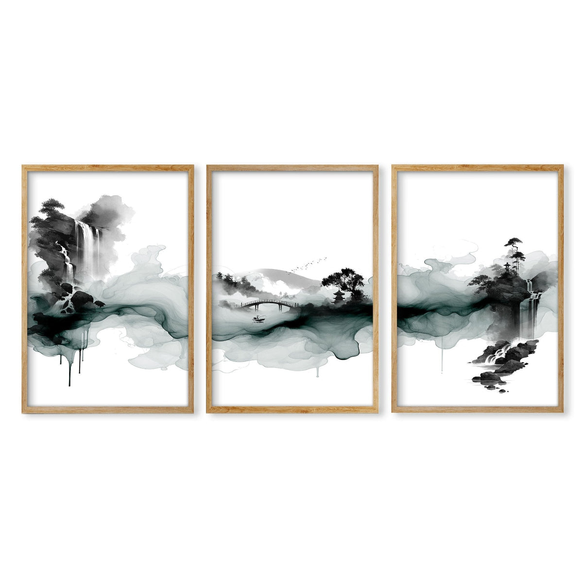 Paintings Abstract Art Landscape Japanese Ink Wash Dark Green & Black Wall Art Prints | Set of 3