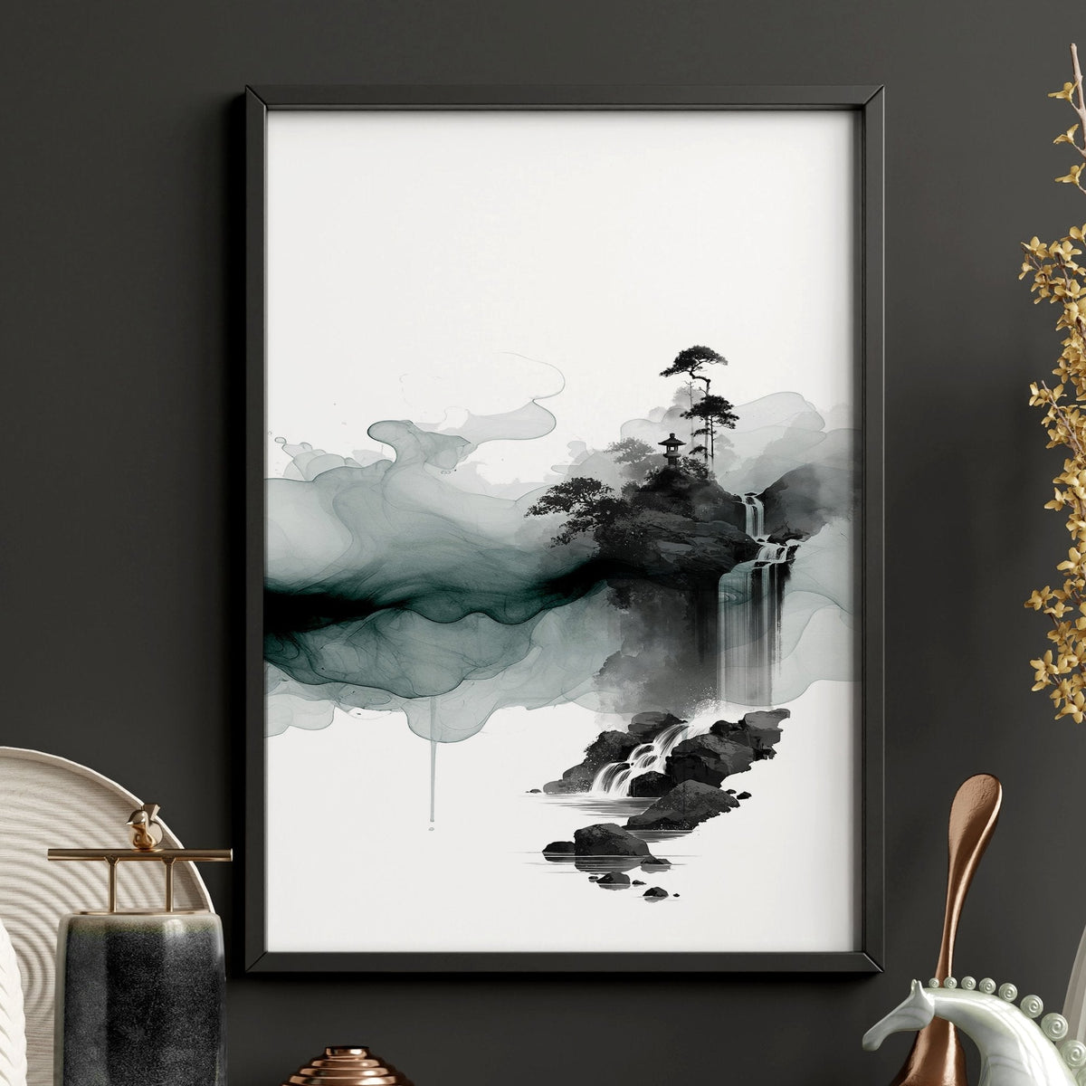 Paintings Abstract Art Landscape Japanese Ink Wash Dark Green & Black Wall Art Prints | Set of 3