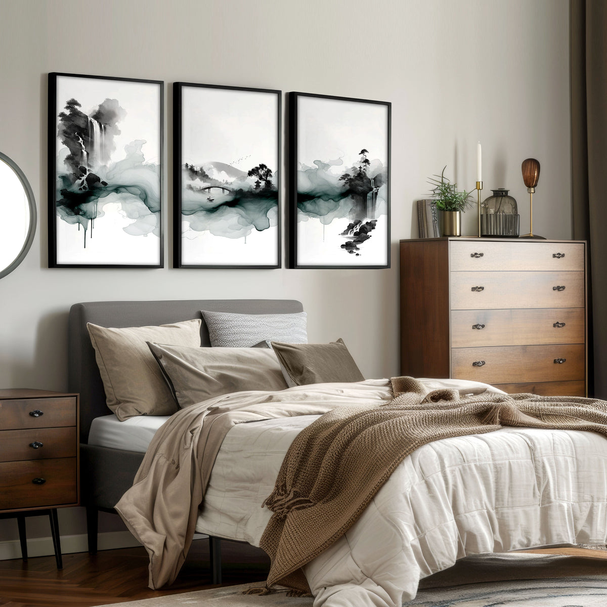 Paintings Abstract Art Landscape Japanese Ink Wash Dark Green & Black Wall Art Prints | Set of 3