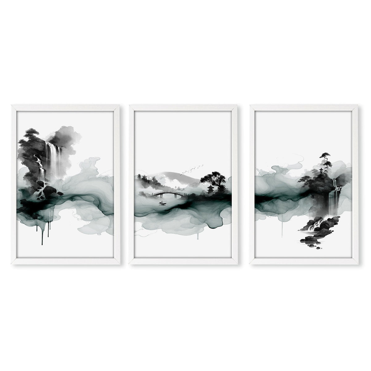 Paintings Abstract Art Landscape Japanese Ink Wash Dark Green & Black Wall Art Prints | Set of 3