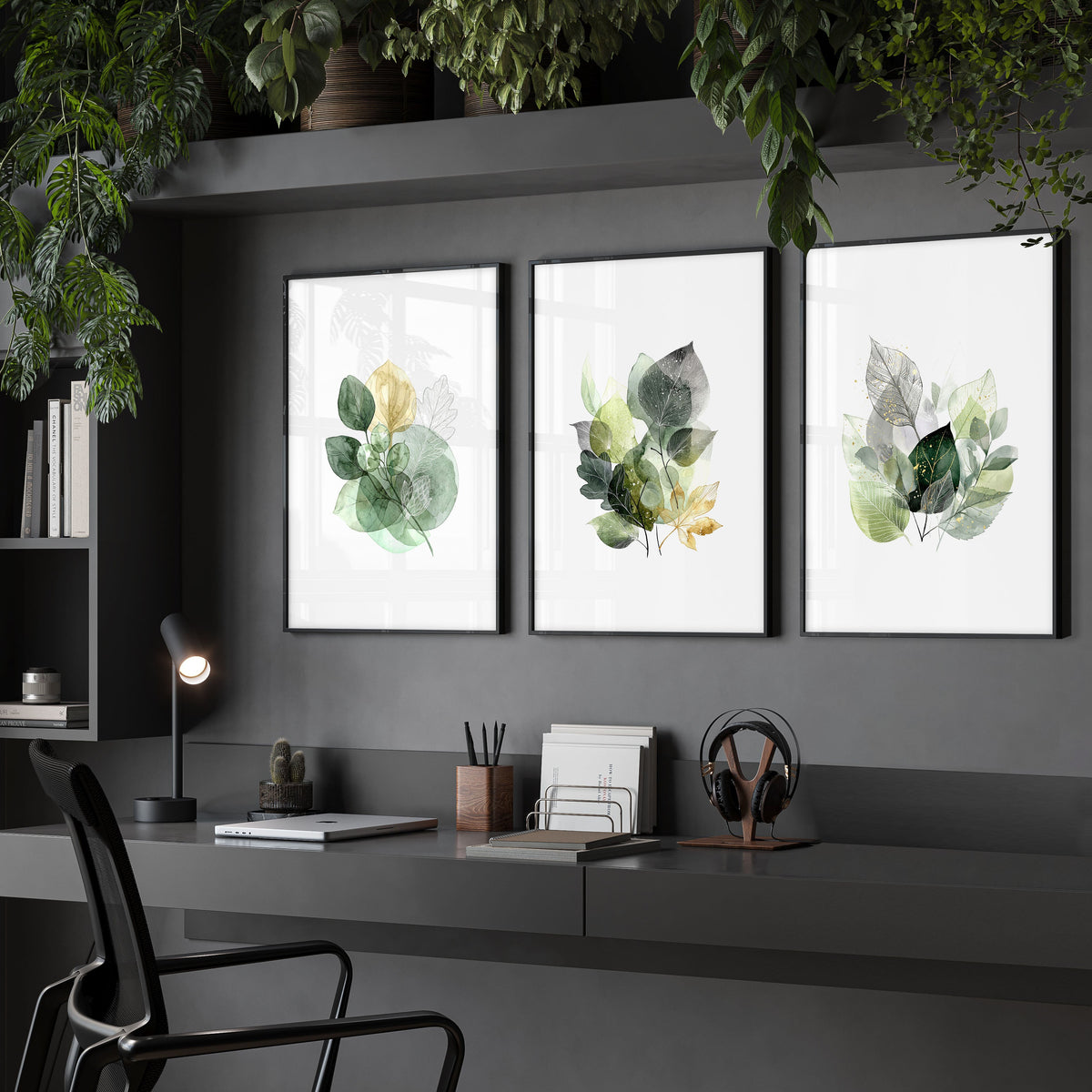 Paintings for Home Office Botanical Watercolour Leaves Green & Gold Wall Art Prints | Set of 3