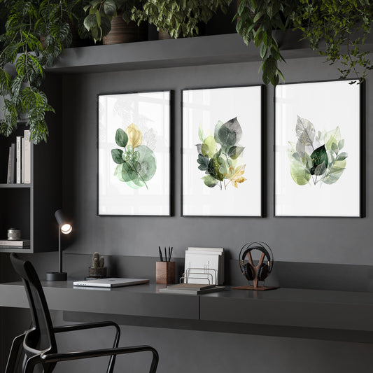 Paintings for Home Office Botanical Watercolour Leaves Green & Gold Wall Art Prints | Set of 3