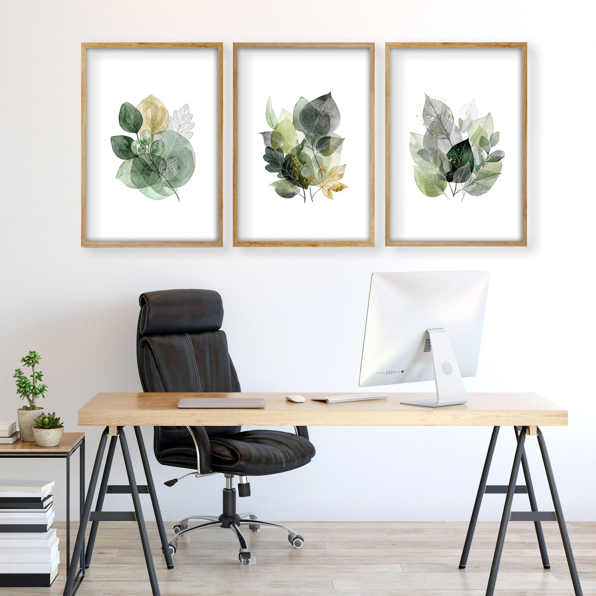 Paintings for Home Office Botanical Watercolour Leaves Green & Gold Wall Art Prints | Set of 3
