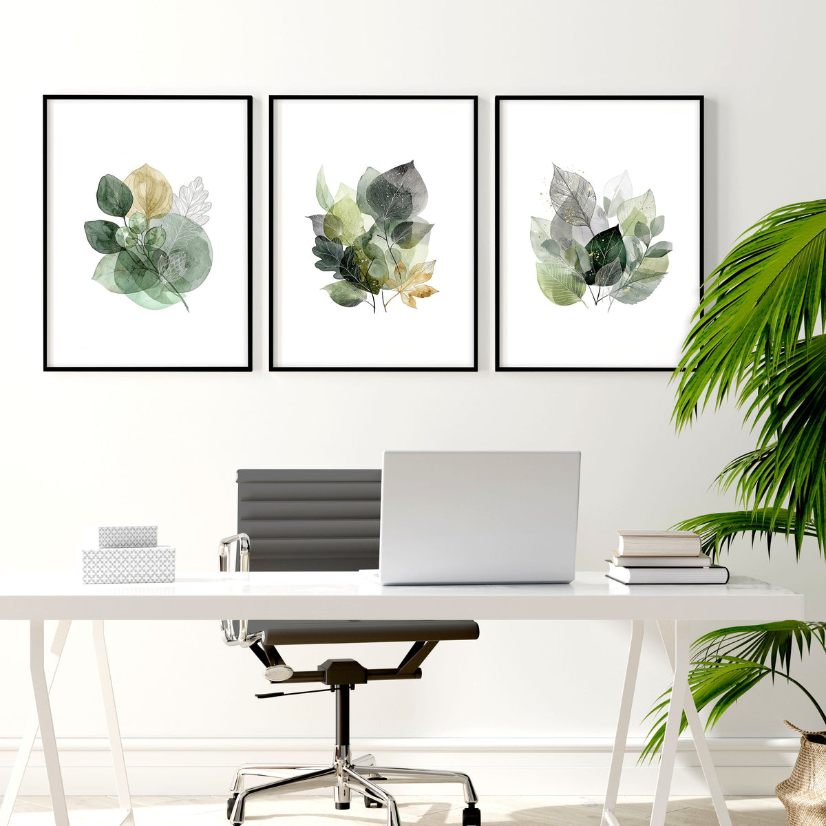 Paintings for Home Office Botanical Watercolour Leaves Green & Gold Wall Art Prints | Set of 3