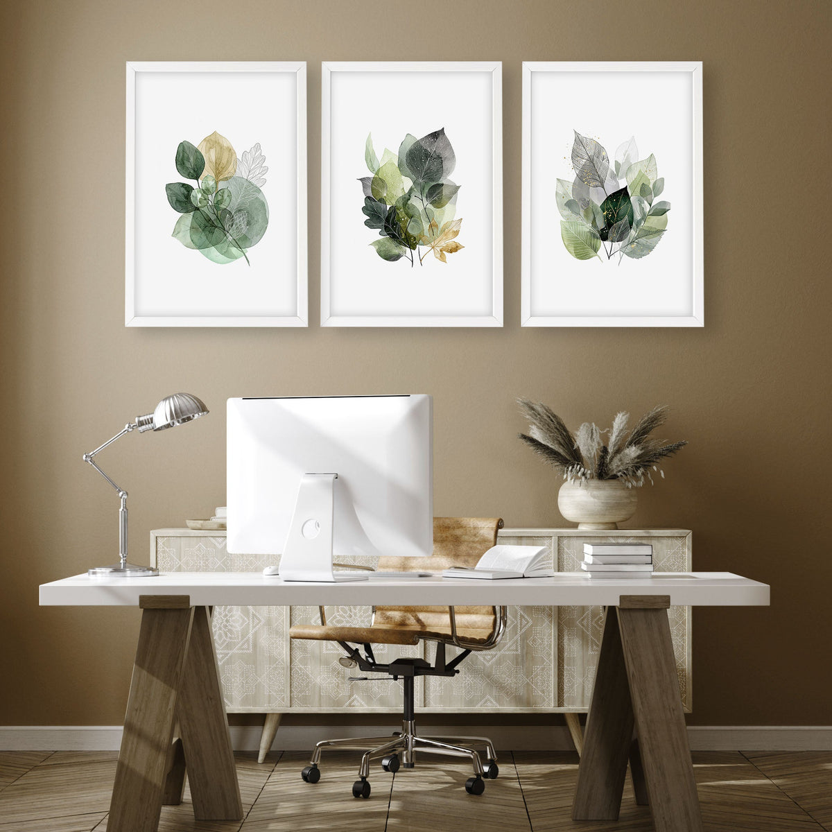 Paintings for Home Office Botanical Watercolour Leaves Green & Gold Wall Art Prints | Set of 3