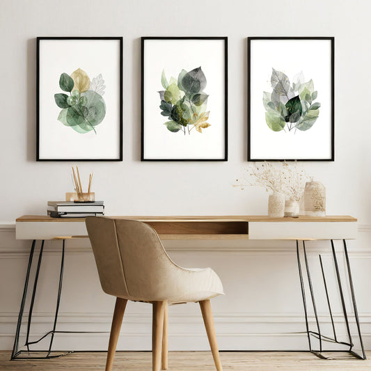 Paintings for Home Office Botanical Watercolour Leaves Green & Gold Wall Art Prints | Set of 3