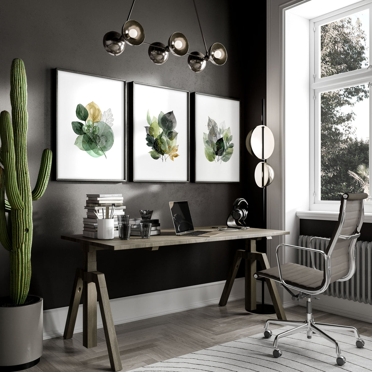 Paintings for Home Office Botanical Watercolour Leaves Green & Gold Wall Art Prints | Set of 3