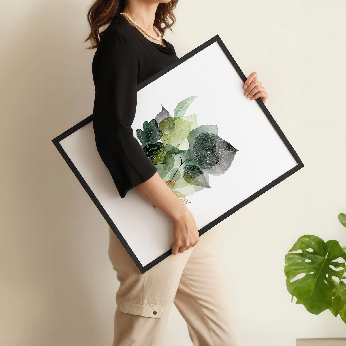 Paintings for Home Office Botanical Watercolour Leaves Green & Gold Wall Art Prints | Set of 3