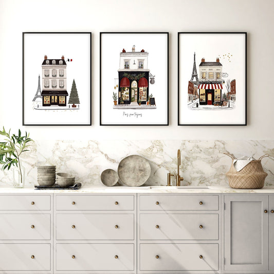 Paintings for Kitchen Paris Boutique Street Scenes "Paris, pour toujours" | Set of 3