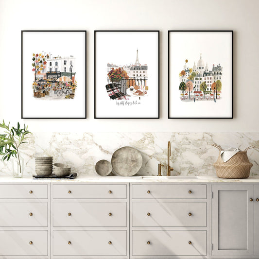 Paintings for Kitchen Paris Travel Wall Art Prints | "Les Petits Plaisirs de la Vie" Eiffel Tower & Montmartre | Set of 3