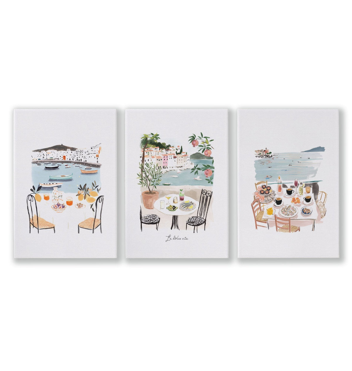 Paintings for Kitchen Walls Mediterranean Coastal Dining Scenes "La Dolce Vita" | Set of 3
