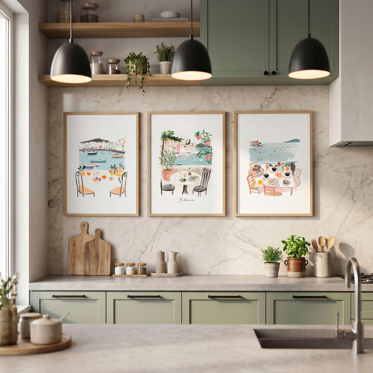 Paintings for Kitchen Walls Mediterranean Coastal Dining Scenes "La Dolce Vita" | Set of 3