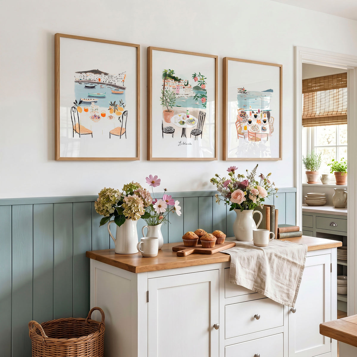 Paintings for Kitchen Walls Mediterranean Coastal Dining Scenes "La Dolce Vita" | Set of 3
