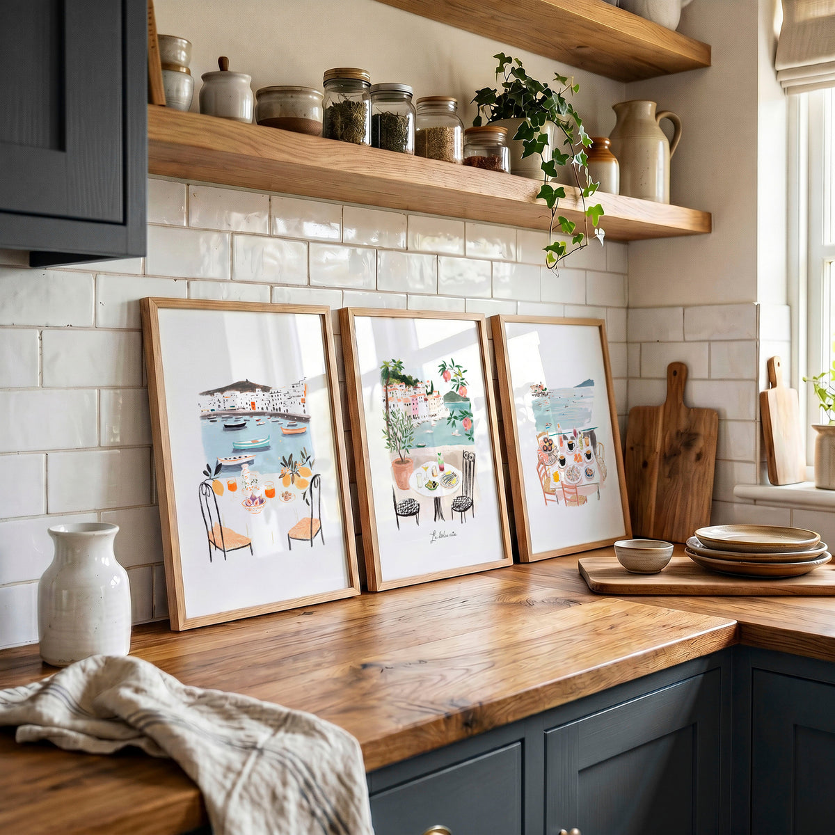 Paintings for Kitchen Walls Mediterranean Coastal Dining Scenes "La Dolce Vita" | Set of 3