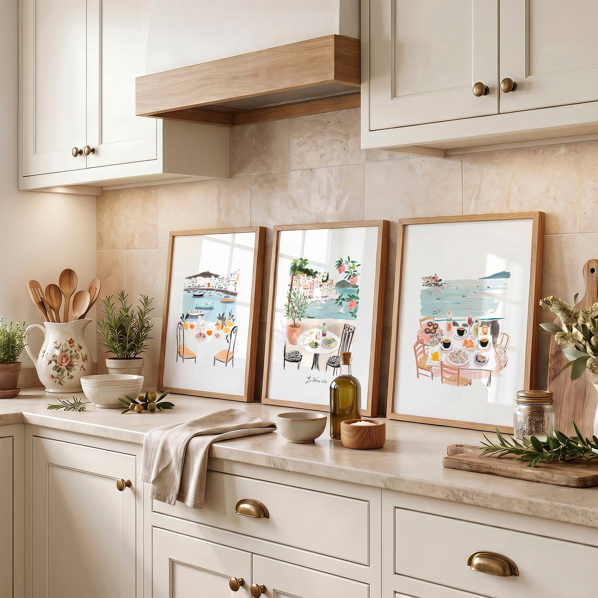 Paintings for Kitchen Walls Mediterranean Coastal Dining Scenes "La Dolce Vita" | Set of 3