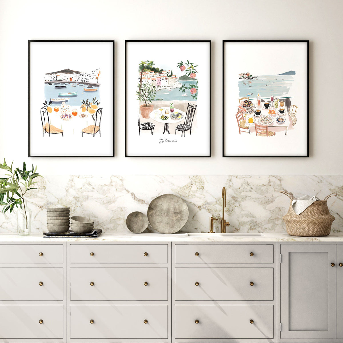 Paintings for Kitchen Walls Mediterranean Coastal Dining Scenes "La Dolce Vita" | Set of 3