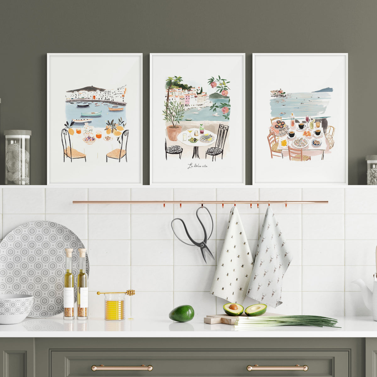 Paintings for Kitchen Walls Mediterranean Coastal Dining Scenes "La Dolce Vita" | Set of 3