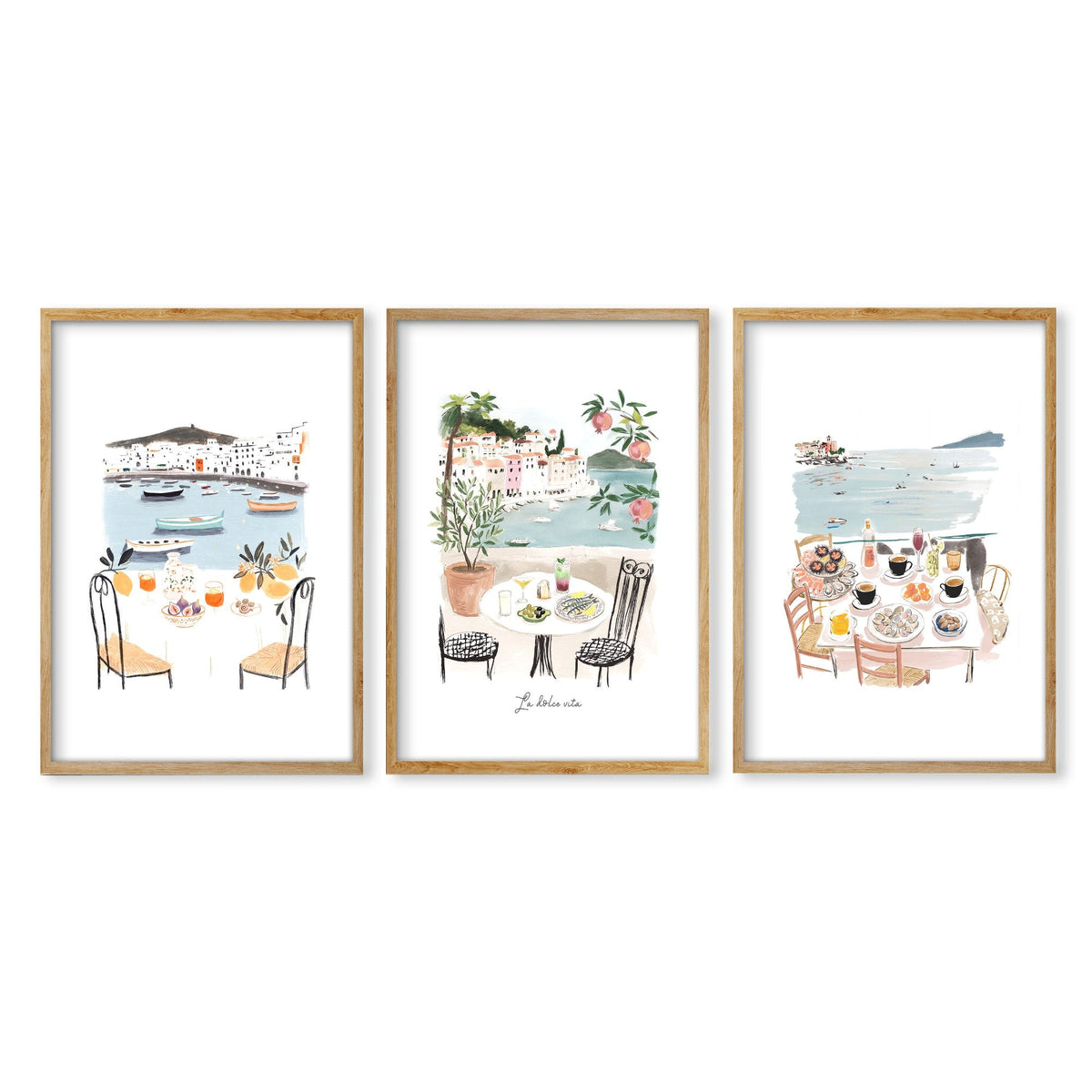 Paintings for Kitchen Walls Mediterranean Coastal Dining Scenes "La Dolce Vita" | Set of 3