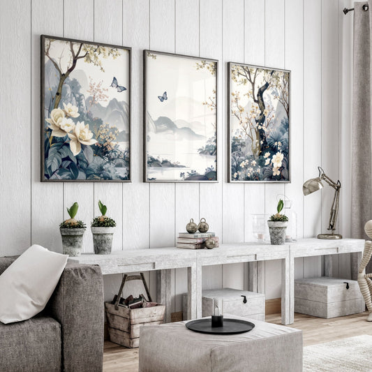 Paintings For Living Room | Set of 3 Chinoiserie Wall art Prints