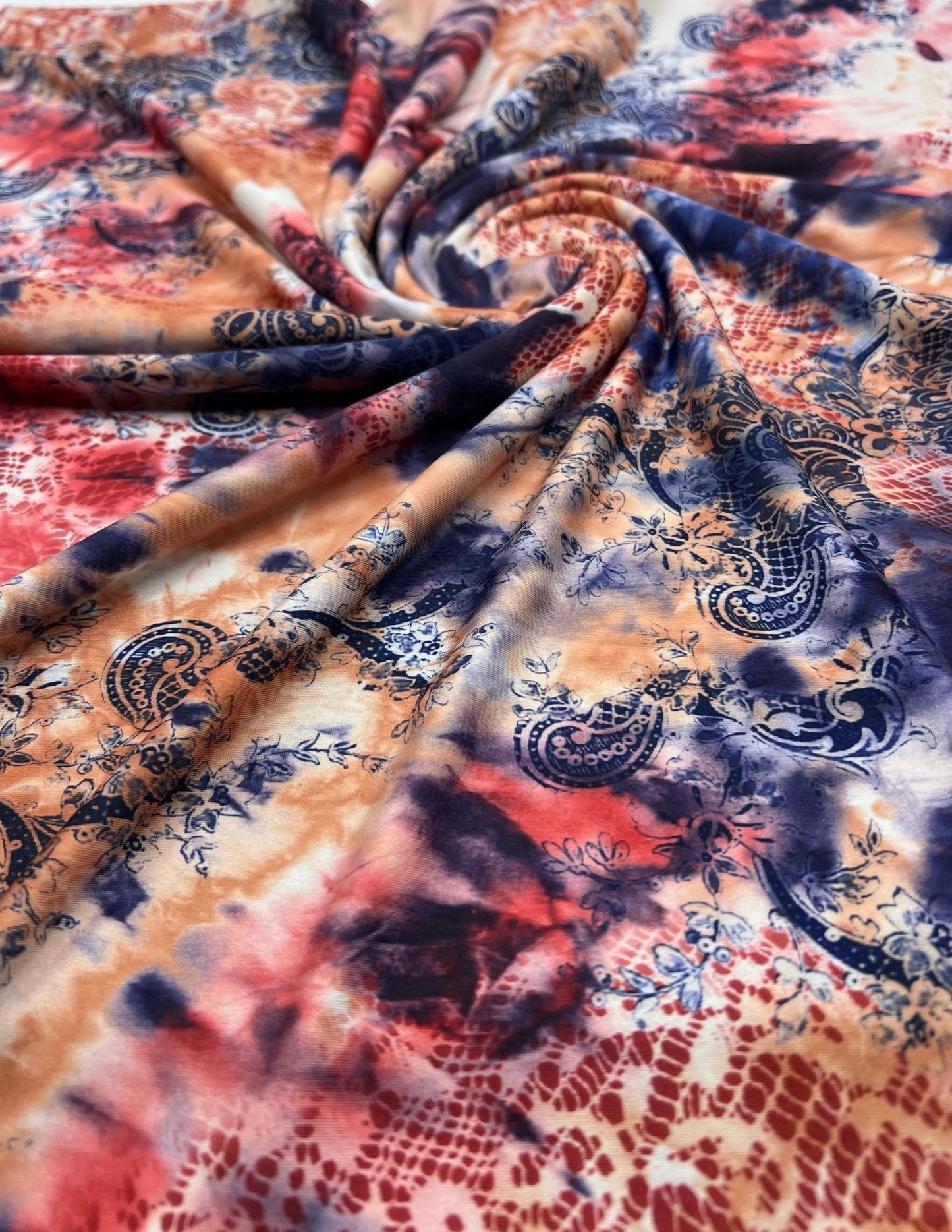Paisley Tie Dye Mix Print Soft Touch 4 Way Stretch Fabric