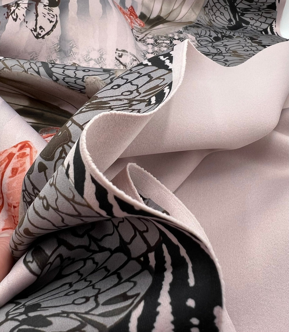 Pale Pink Butterfly Printed Plain Scuba 4 Way Stretch Jersey Fabric