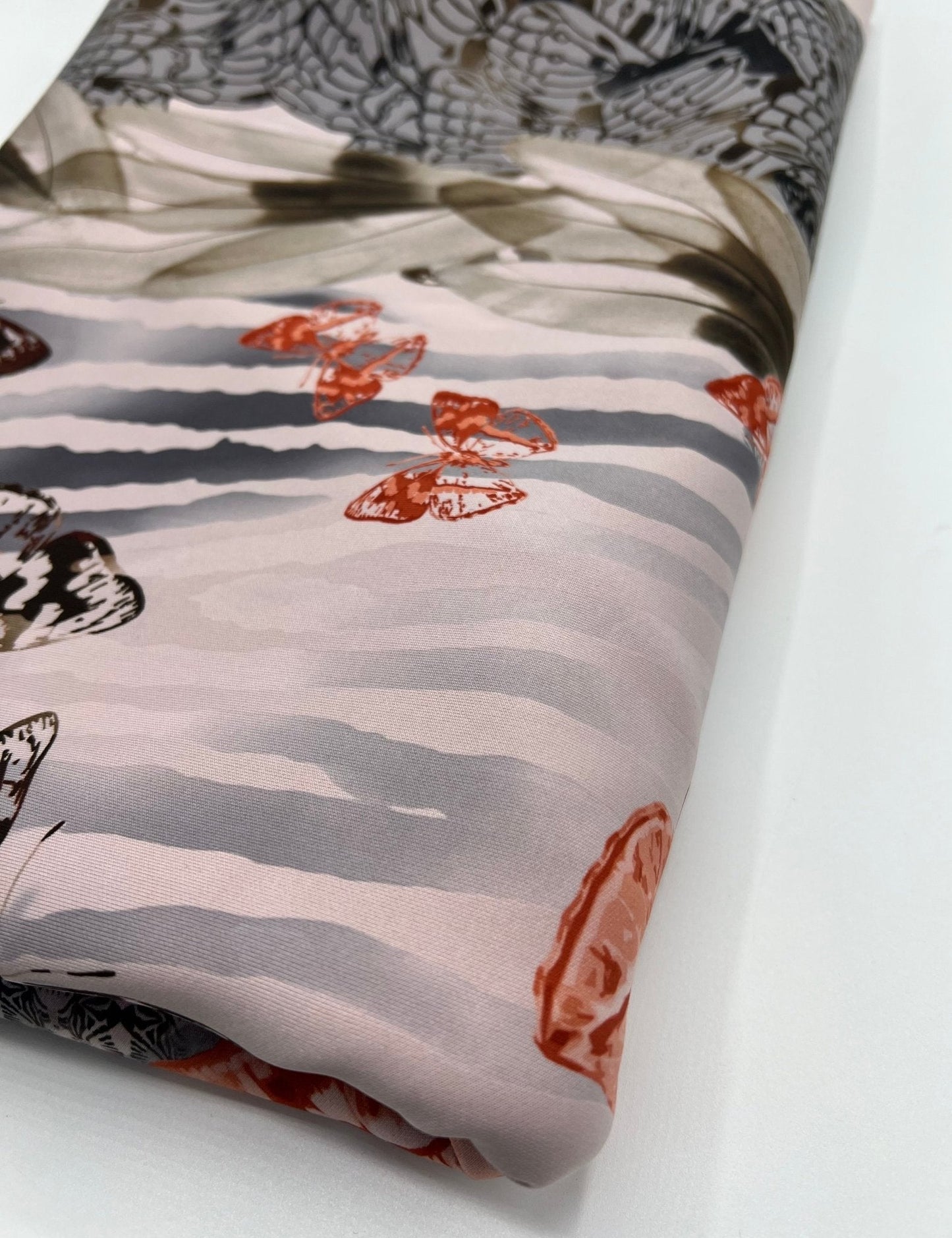 Pale Pink Butterfly Printed Plain Scuba 4 Way Stretch Jersey Fabric