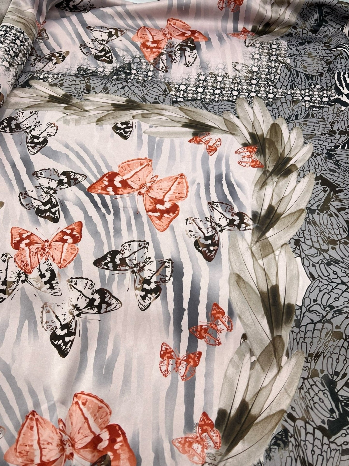 Pale Pink Butterfly Printed Plain Scuba 4 Way Stretch Jersey Fabric
