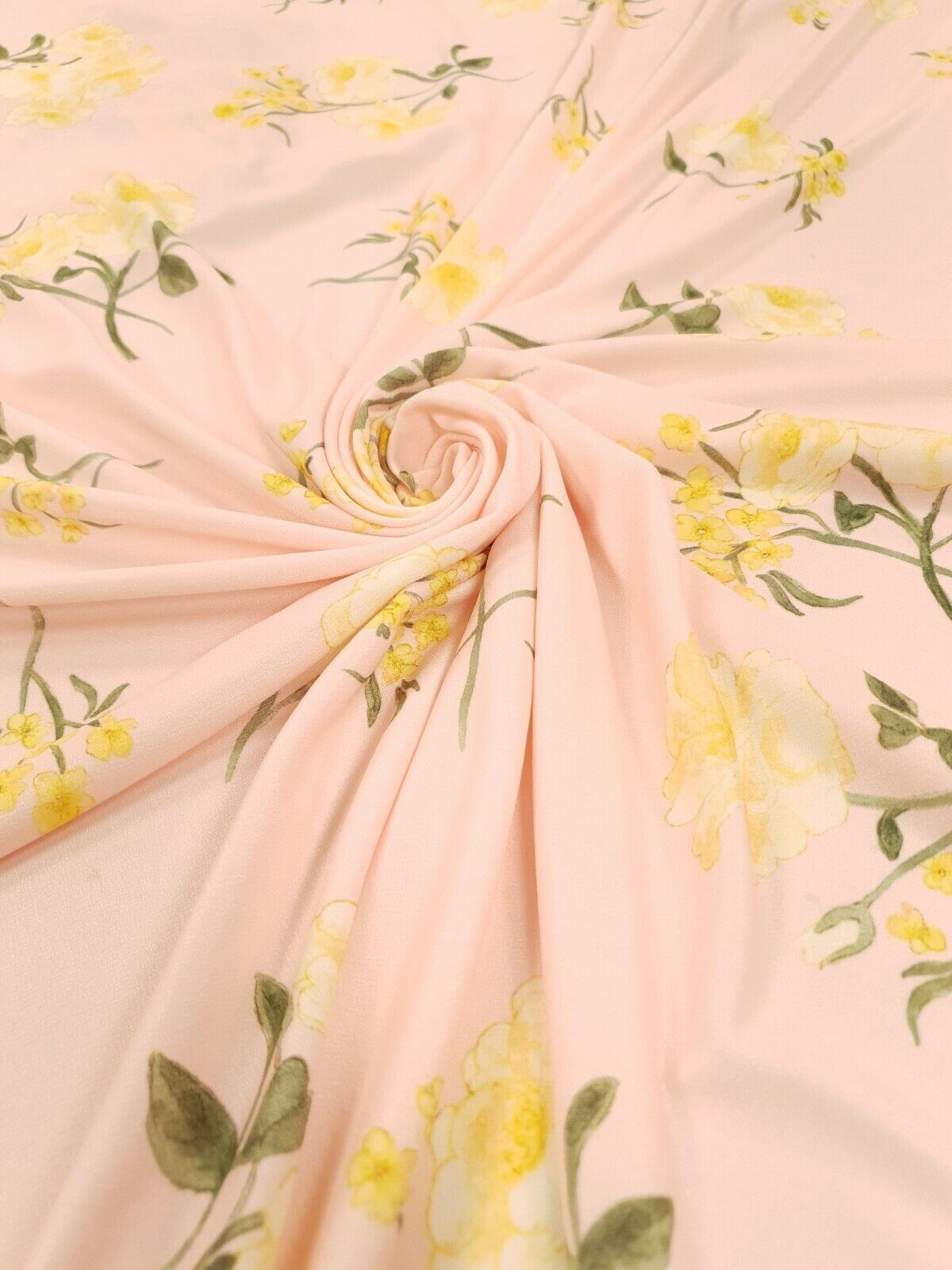 Pale Pink & Yellow Floral Print Lightweight Jersey Crepe Fabric 4 Way Stretch