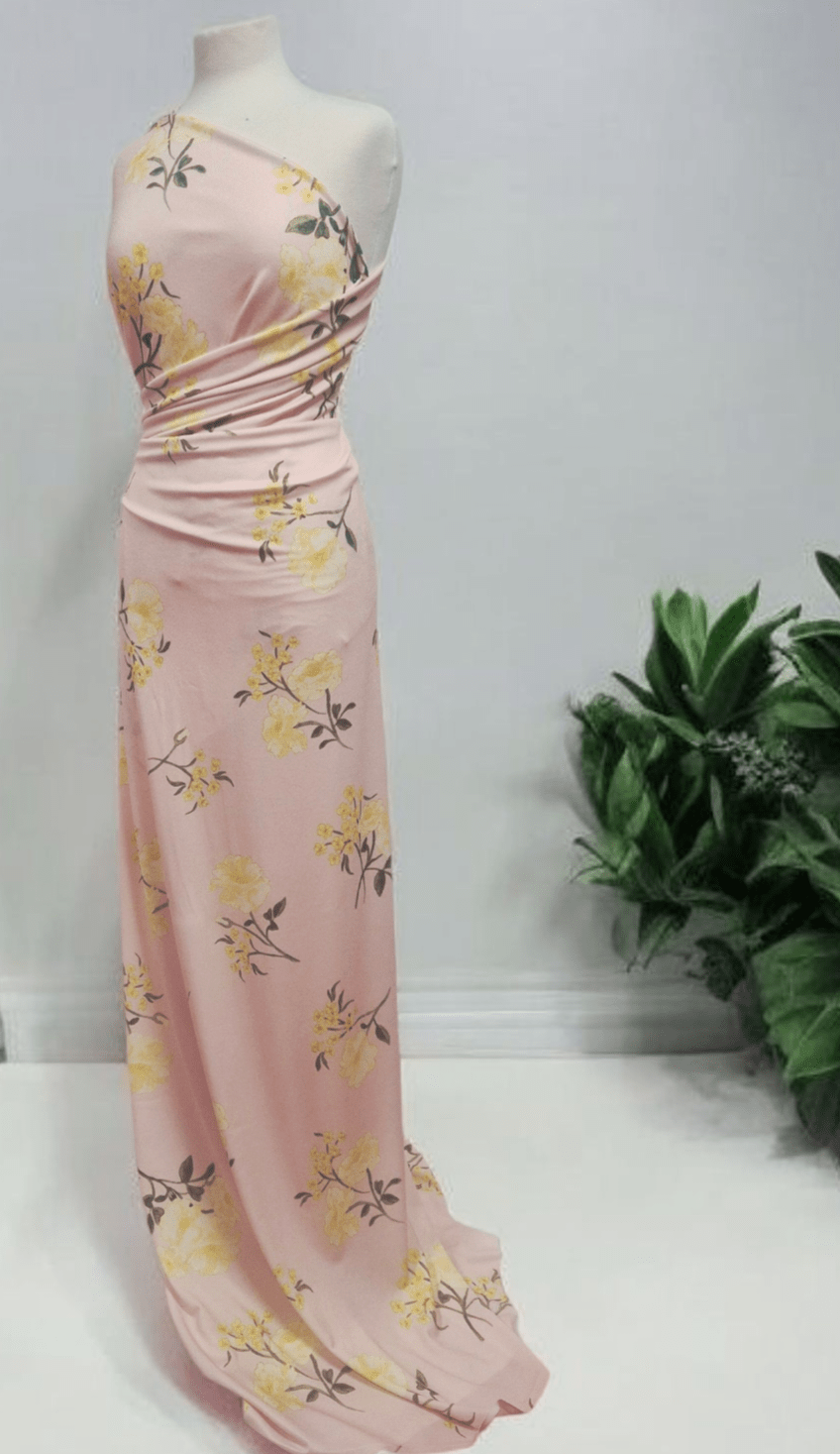 Pale Pink & Yellow Floral Print Lightweight Jersey Crepe Fabric 4 Way Stretch