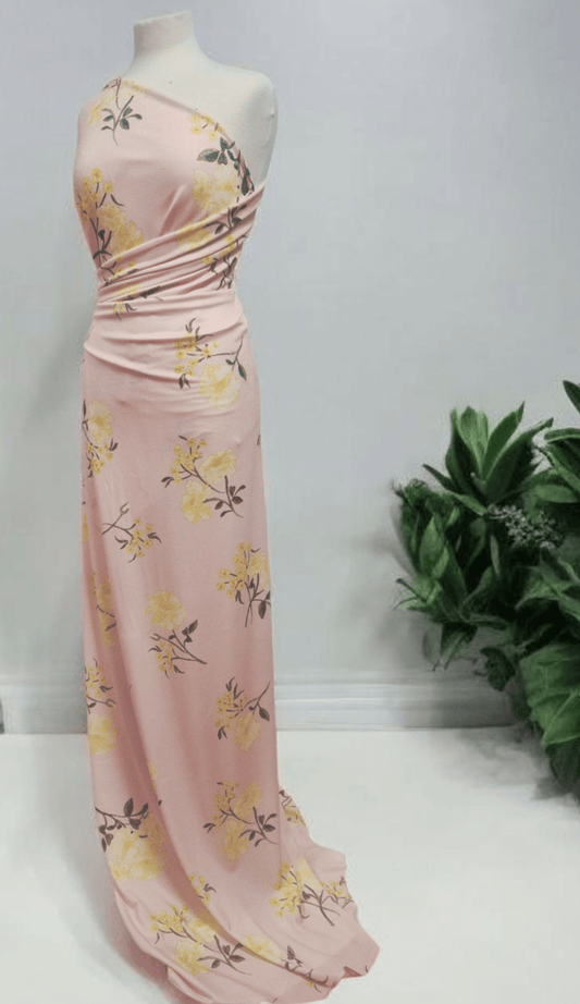Pale Pink & Yellow Floral Print Lightweight Jersey Crepe Fabric 4 Way Stretch
